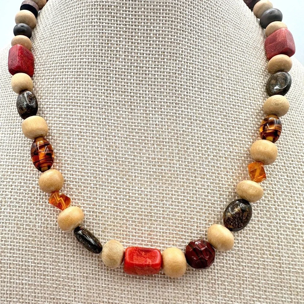 Vintage Y2K‎ Eclectic Earthy Necklace Jasper Wood Amber Natural Beaded Jewelry